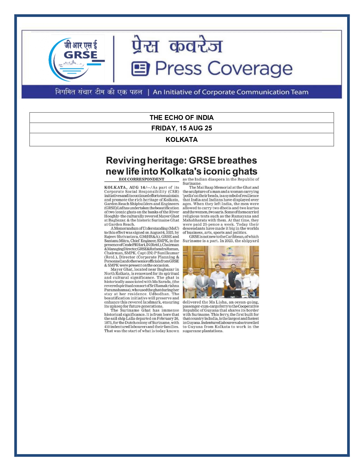 Press Coverage : 15 Aug 25:GRSE delivers survey vessel Ikshak to Navy